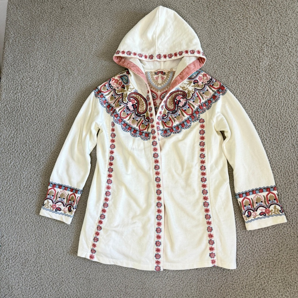 Soft Surroundings Embroidered Beaded Hooded Cardigan sz Small Ivory Boho Paisley
